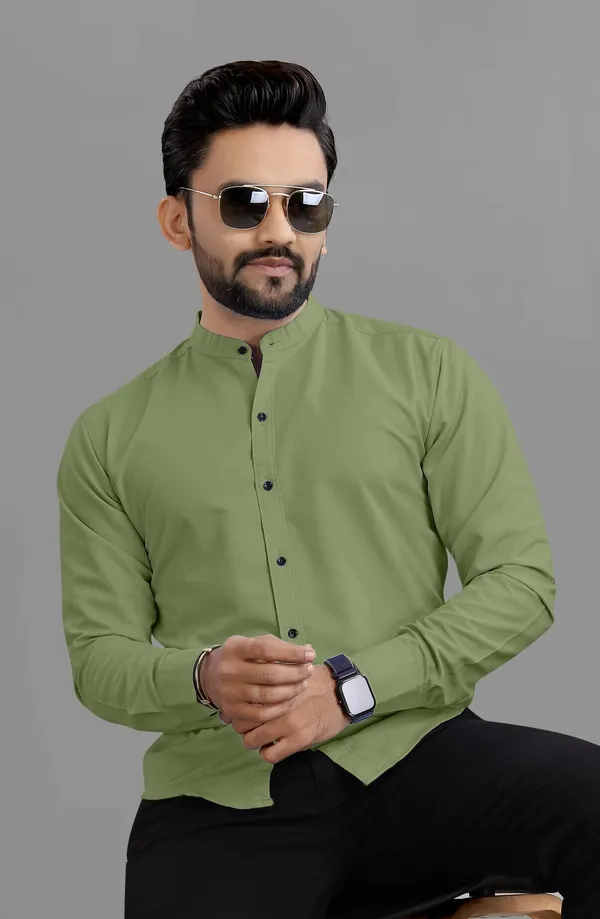 Olive_Green_Cotton_Blend_Regular_Fit_3/4th_Sleeve_Solid_Long_Shirt_For_Men