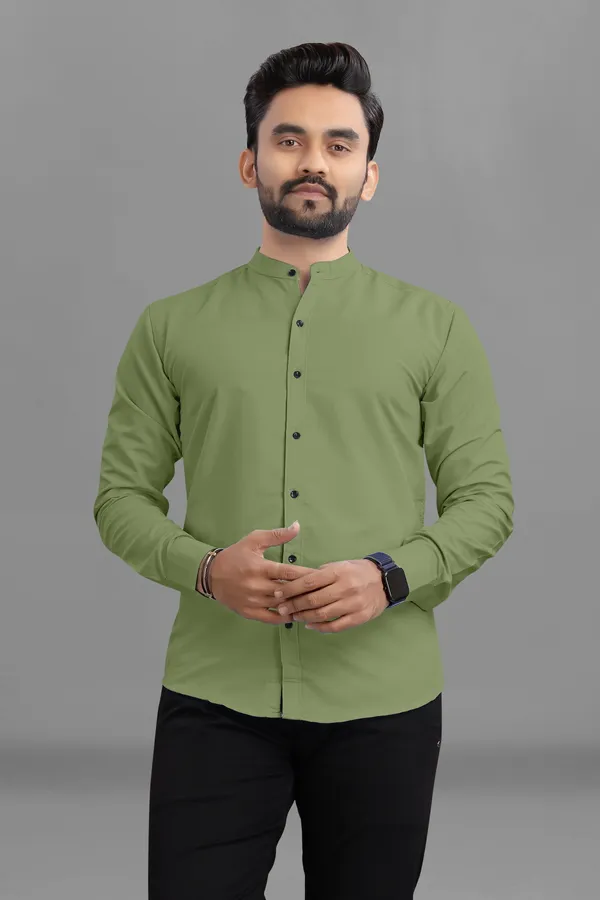 Olive_Green_Cotton_Blend_Regular_Fit_3/4th_Sleeve_Solid_Long_Shirt_For_Men