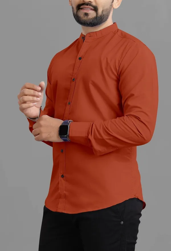 Orange_Cotton_Blend_Regular_Fit_3/4th_Sleeve_Solid_Long_Shirt_For_Men