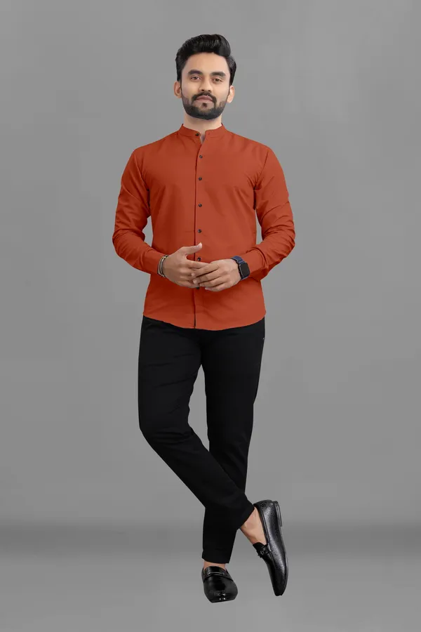 Orange_Cotton_Blend_Regular_Fit_3/4th_Sleeve_Solid_Long_Shirt_For_Men