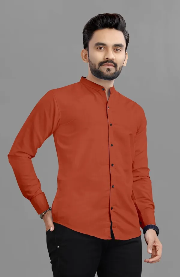 Orange_Cotton_Blend_Regular_Fit_3/4th_Sleeve_Solid_Long_Shirt_For_Men
