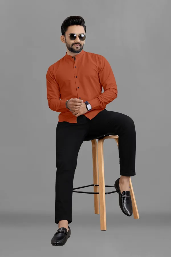 Orange_Cotton_Blend_Regular_Fit_3/4th_Sleeve_Solid_Long_Shirt_For_Men