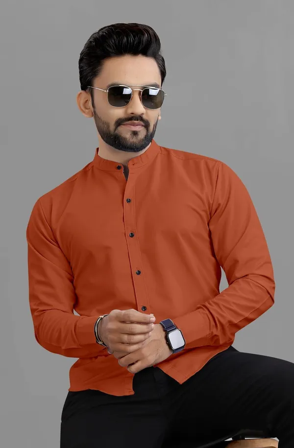Orange_Cotton_Blend_Regular_Fit_3/4th_Sleeve_Solid_Long_Shirt_For_Men