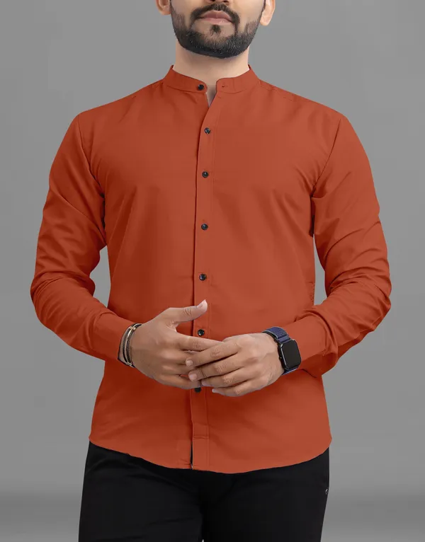 Orange_Cotton_Blend_Regular_Fit_3/4th_Sleeve_Solid_Long_Shirt_For_Men