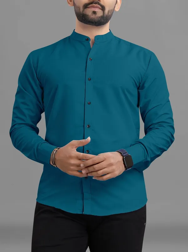 Peacock_Blue_Cotton_Blend_Regular_Fit_3/4th_Sleeve_Solid_Long_Shirt_For_Men