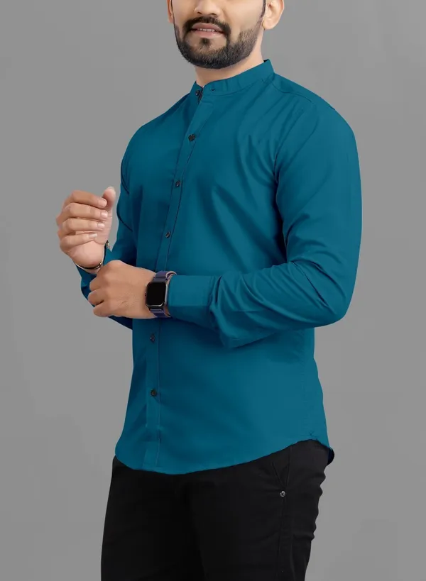 Peacock_Blue_Cotton_Blend_Regular_Fit_3/4th_Sleeve_Solid_Long_Shirt_For_Men