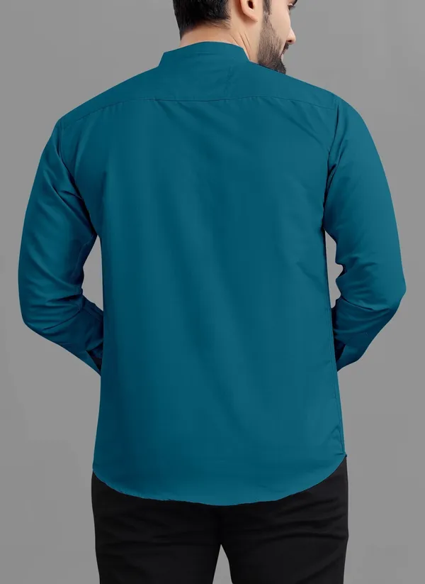 Peacock_Blue_Cotton_Blend_Regular_Fit_3/4th_Sleeve_Solid_Long_Shirt_For_Men
