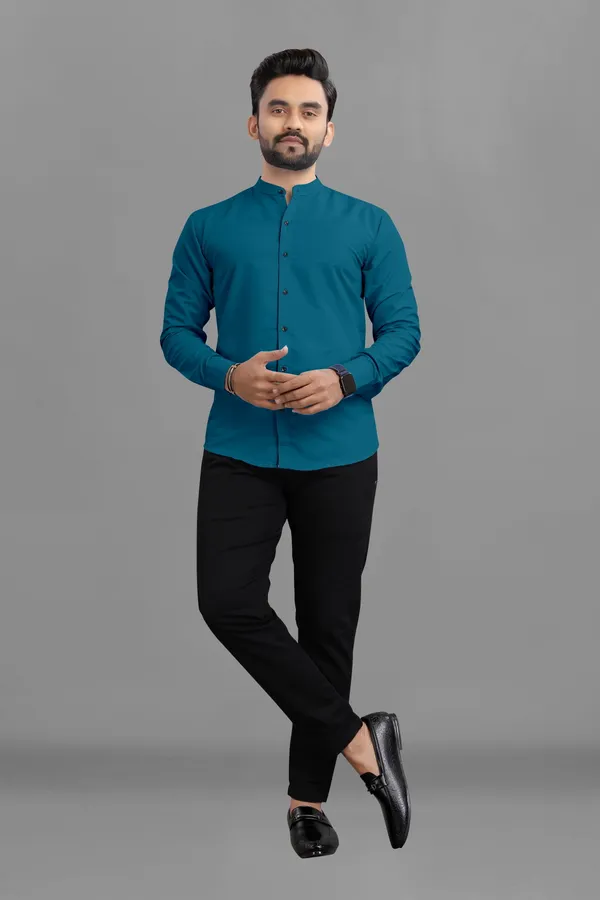 Peacock_Blue_Cotton_Blend_Regular_Fit_3/4th_Sleeve_Solid_Long_Shirt_For_Men