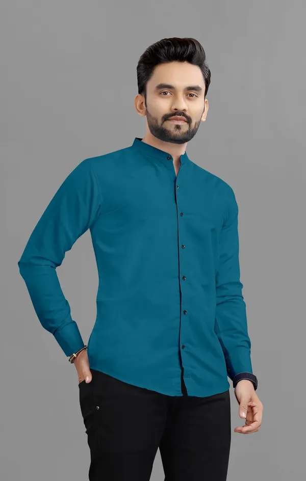 Peacock_Blue_Cotton_Blend_Regular_Fit_3/4th_Sleeve_Solid_Long_Shirt_For_Men