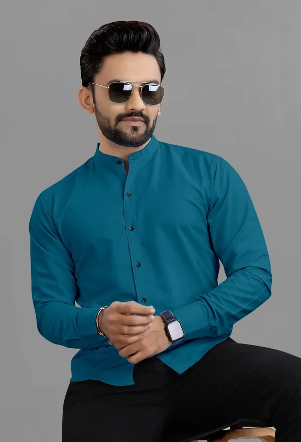 Peacock_Blue_Cotton_Blend_Regular_Fit_3/4th_Sleeve_Solid_Long_Shirt_For_Men
