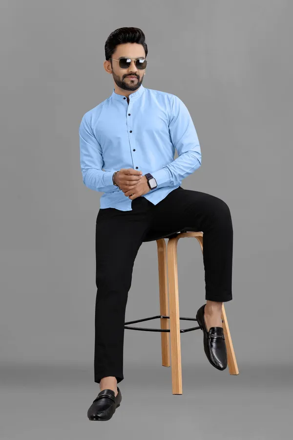 Light_Blue_Cotton_Blend_Regular_Fit_3/4th_Sleeve_Solid_Long_Shirt_For_Men