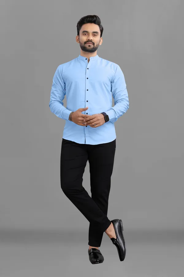 Light_Blue_Cotton_Blend_Regular_Fit_3/4th_Sleeve_Solid_Long_Shirt_For_Men