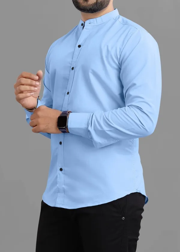 Light_Blue_Cotton_Blend_Regular_Fit_3/4th_Sleeve_Solid_Long_Shirt_For_Men