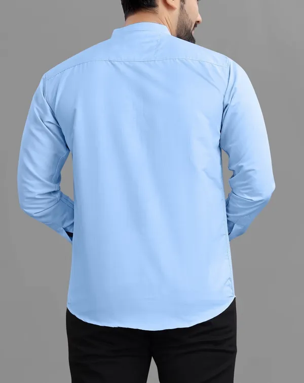 Light_Blue_Cotton_Blend_Regular_Fit_3/4th_Sleeve_Solid_Long_Shirt_For_Men