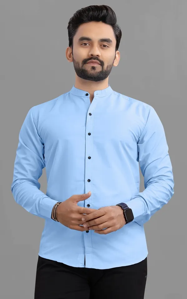 Light_Blue_Cotton_Blend_Regular_Fit_3/4th_Sleeve_Solid_Long_Shirt_For_Men