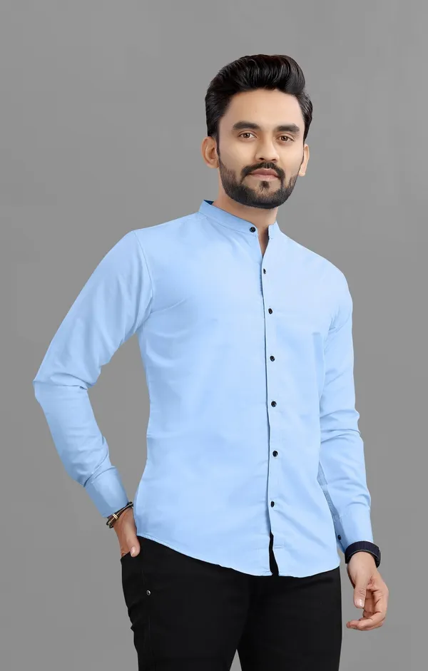 Light_Blue_Cotton_Blend_Regular_Fit_3/4th_Sleeve_Solid_Long_Shirt_For_Men