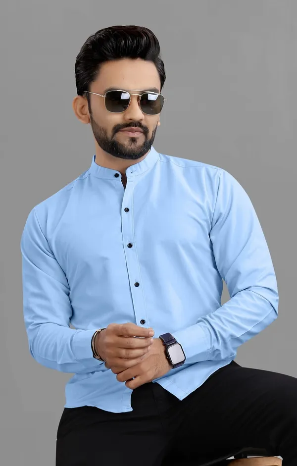 Light_Blue_Cotton_Blend_Regular_Fit_3/4th_Sleeve_Solid_Long_Shirt_For_Men