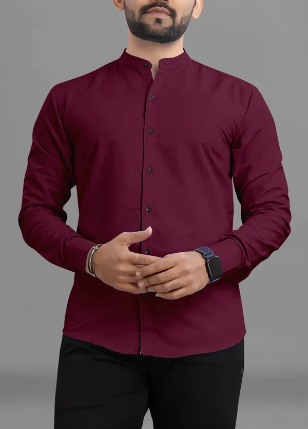 Maroon_Cotton_Blend_Regular_Fit_3/4th_Sleeve_Solid_Long_Shirt_For_Men