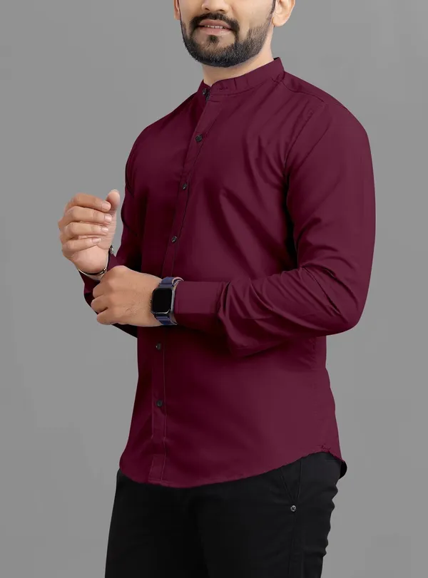 Maroon_Cotton_Blend_Regular_Fit_3/4th_Sleeve_Solid_Long_Shirt_For_Men