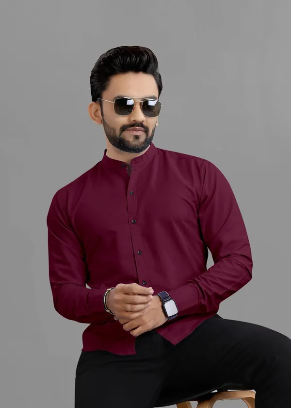Maroon_Cotton_Blend_Regular_Fit_3/4th_Sleeve_Solid_Long_Shirt_For_Men