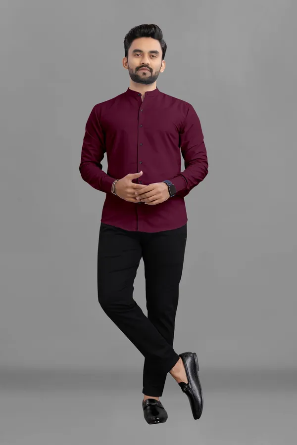 Maroon_Cotton_Blend_Regular_Fit_3/4th_Sleeve_Solid_Long_Shirt_For_Men