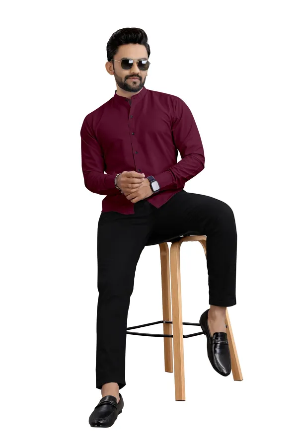 Maroon_Cotton_Blend_Regular_Fit_3/4th_Sleeve_Solid_Long_Shirt_For_Men