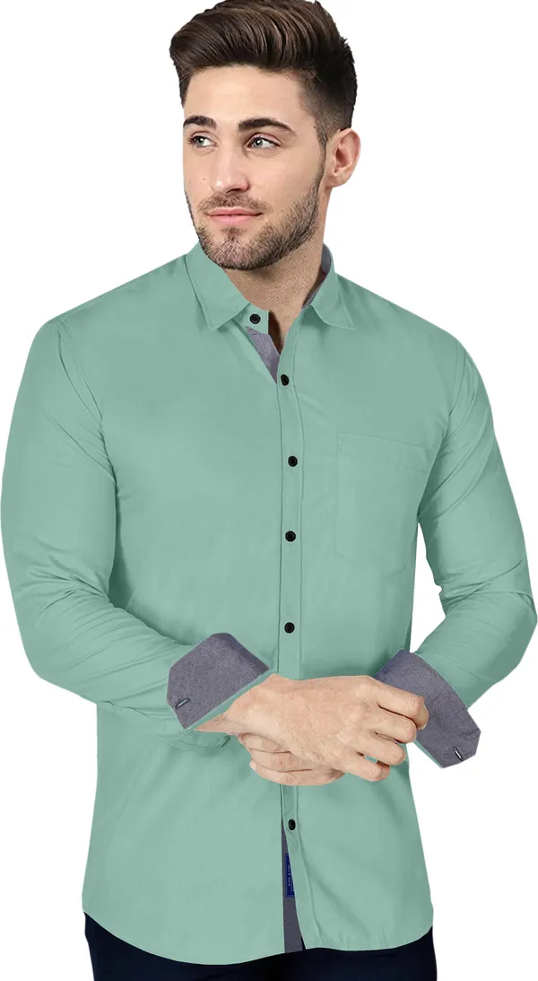 Light_Green_Cotton_Blend_Regular_Fit_Full_Sleeve_Solid_Long_Shirt_For_Men