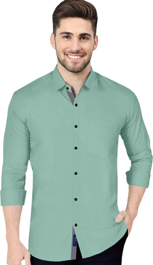 Light_Green_Cotton_Blend_Regular_Fit_Full_Sleeve_Solid_Long_Shirt_For_Men