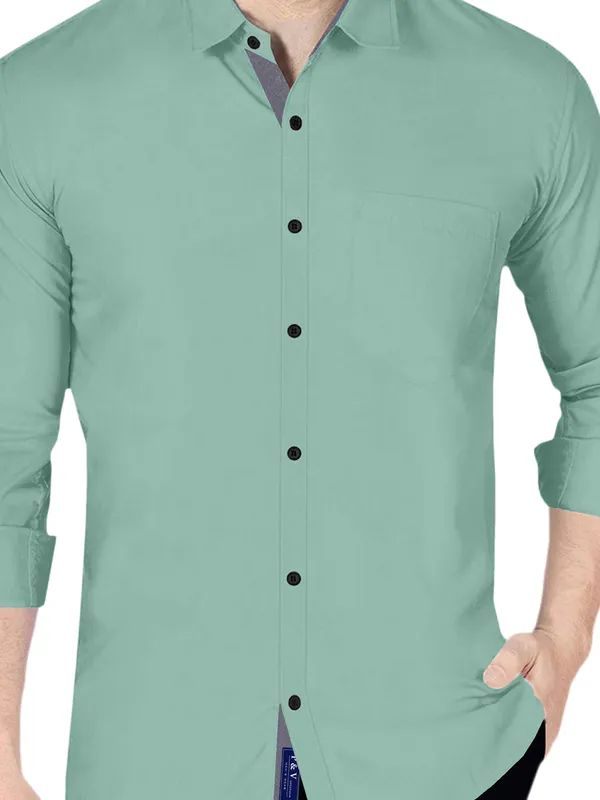 Light_Green_Cotton_Blend_Regular_Fit_Full_Sleeve_Solid_Long_Shirt_For_Men