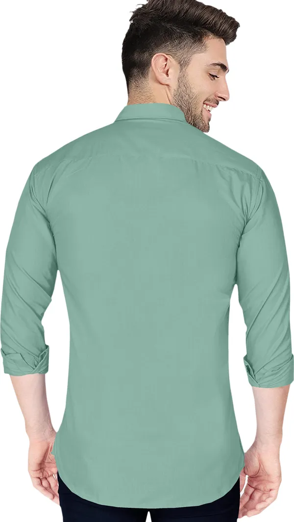 Light_Green_Cotton_Blend_Regular_Fit_Full_Sleeve_Solid_Long_Shirt_For_Men
