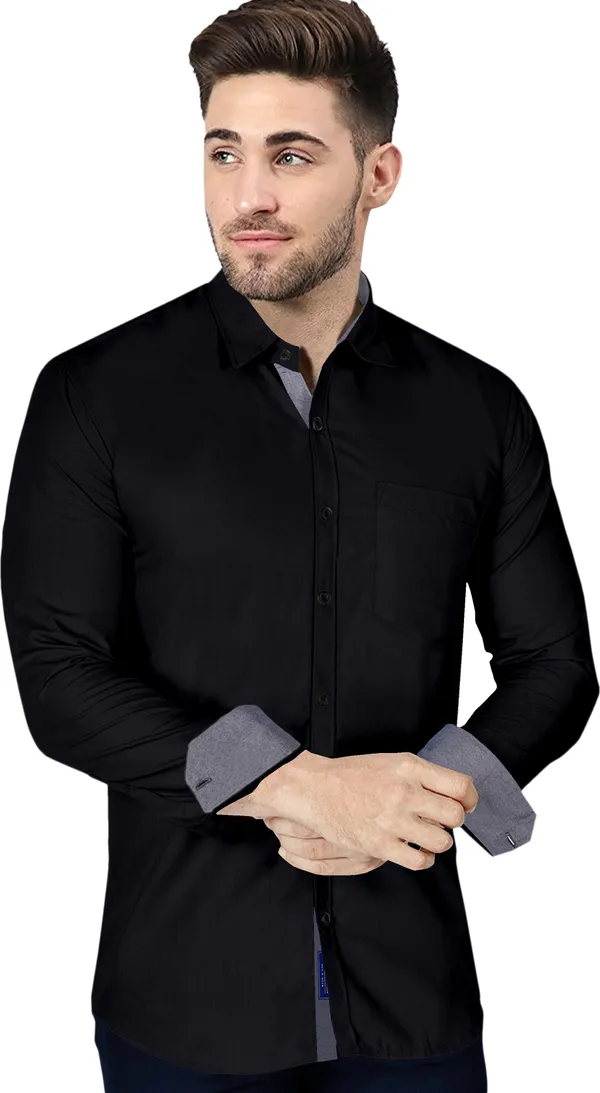 Black_Cotton_Blend_Regular_Fit_Full_Sleeve_Solid_Long_Shirt_For_Men