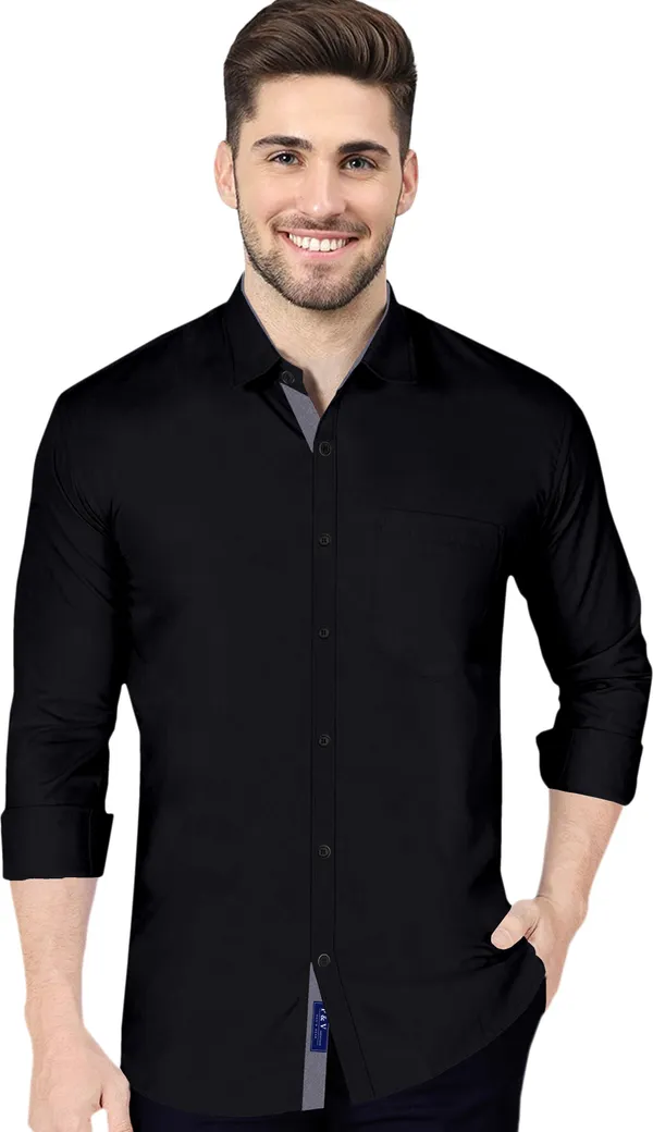 Black_Cotton_Blend_Regular_Fit_Full_Sleeve_Solid_Long_Shirt_For_Men