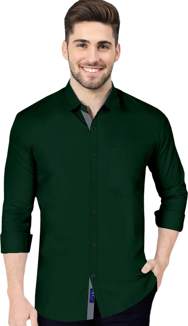 Dark_Green_Cotton_Blend_Regular_Fit_Full_Sleeve_Solid_Long_Shirt_For_Men