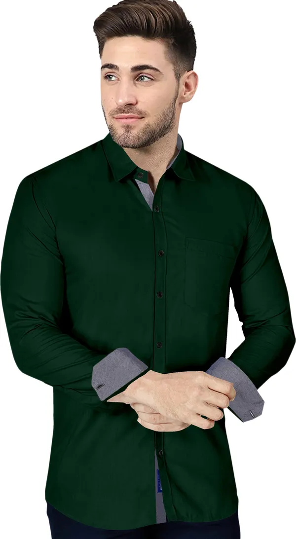 Dark_Green_Cotton_Blend_Regular_Fit_Full_Sleeve_Solid_Long_Shirt_For_Men