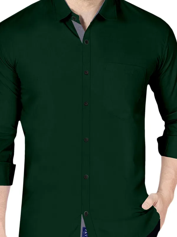 Dark_Green_Cotton_Blend_Regular_Fit_Full_Sleeve_Solid_Long_Shirt_For_Men
