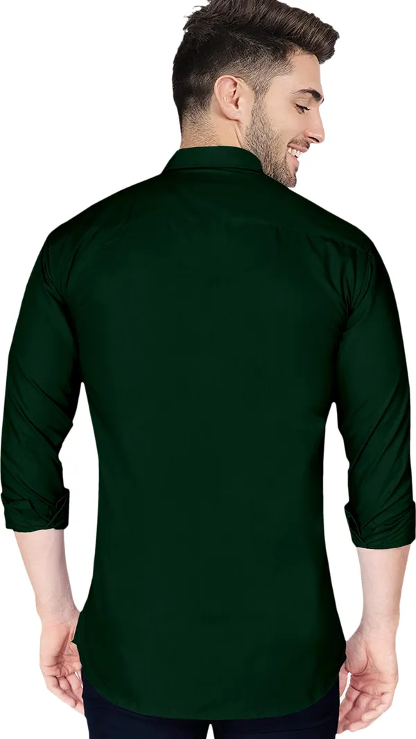 Dark_Green_Cotton_Blend_Regular_Fit_Full_Sleeve_Solid_Long_Shirt_For_Men