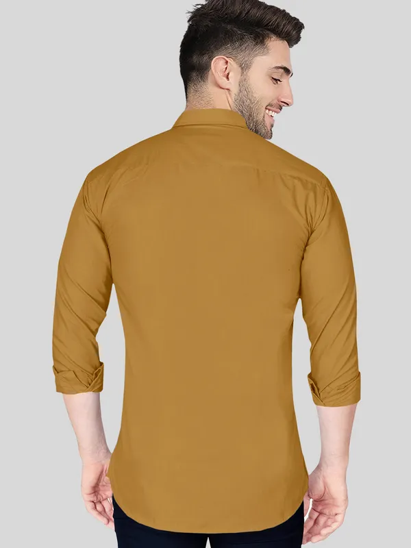 Mustard_Cotton_Blend_Regular_Fit_Full_Sleeve_Solid_Long_Shirt_For_Men