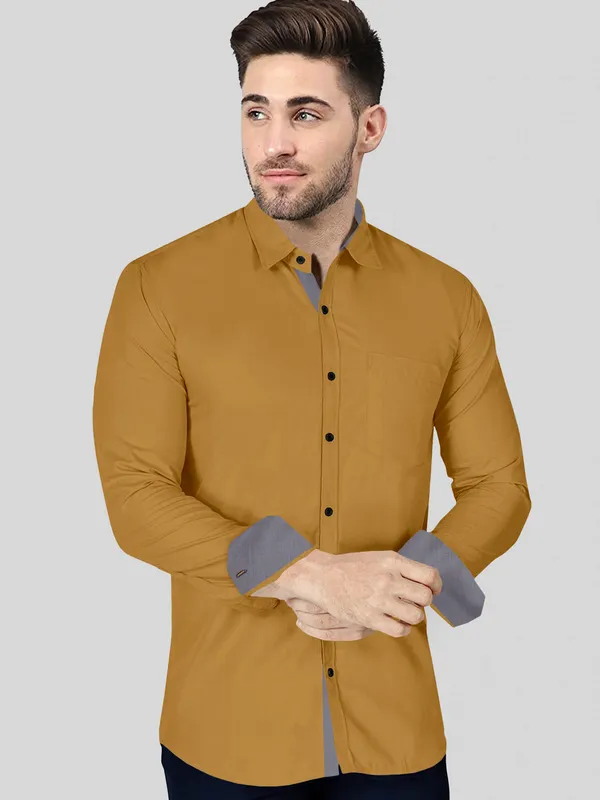 Mustard_Cotton_Blend_Regular_Fit_Full_Sleeve_Solid_Long_Shirt_For_Men