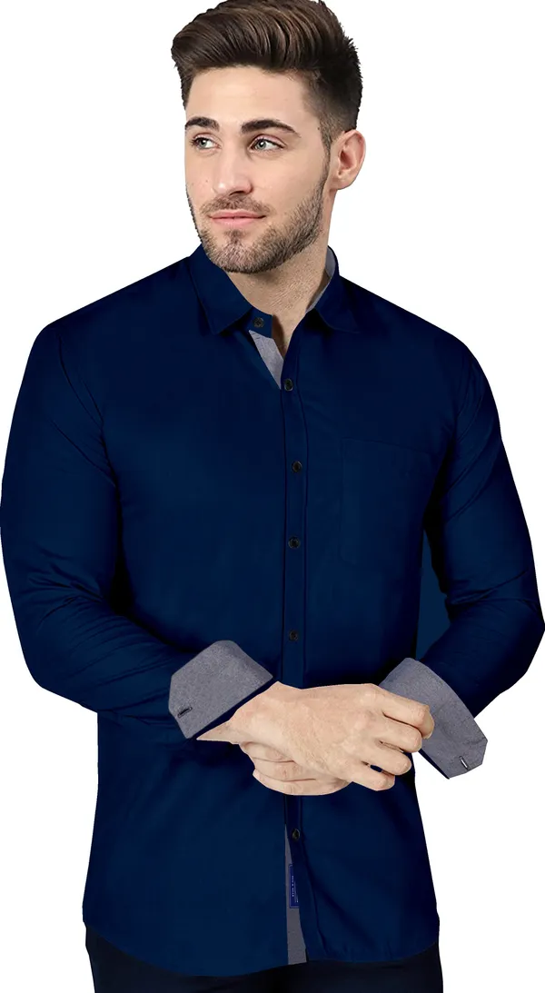 Dark_Blue_Cotton_Blend_Regular_Fit_Full_Sleeve_Solid_Long_Shirt_For_Men