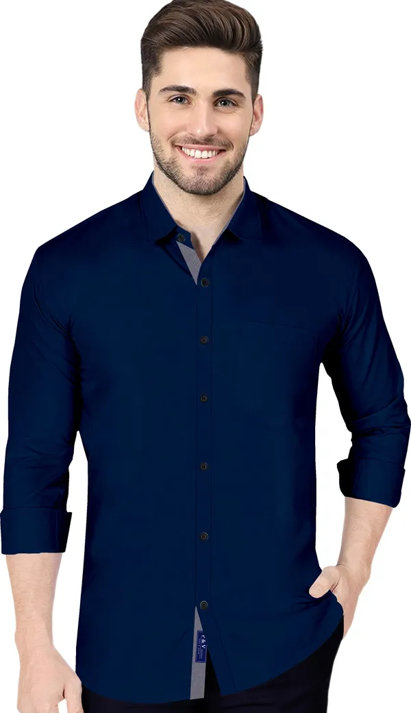 Dark_Blue_Cotton_Blend_Regular_Fit_Full_Sleeve_Solid_Long_Shirt_For_Men