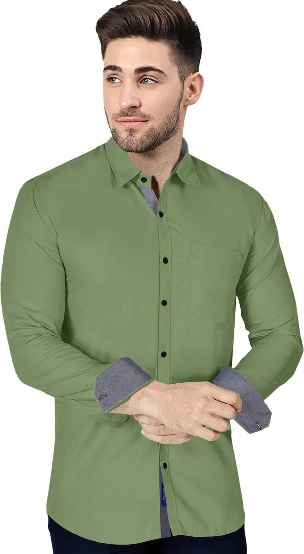 Olive_Green_Cotton_Blend_Regular_Fit_Full_Sleeve_Solid_Long_Shirt_For_Men