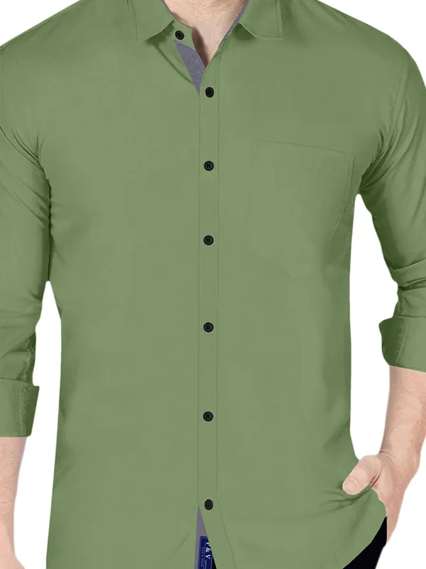 Olive_Green_Cotton_Blend_Regular_Fit_Full_Sleeve_Solid_Long_Shirt_For_Men
