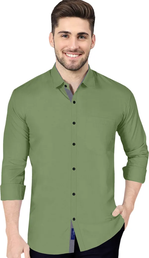 Olive_Green_Cotton_Blend_Regular_Fit_Full_Sleeve_Solid_Long_Shirt_For_Men