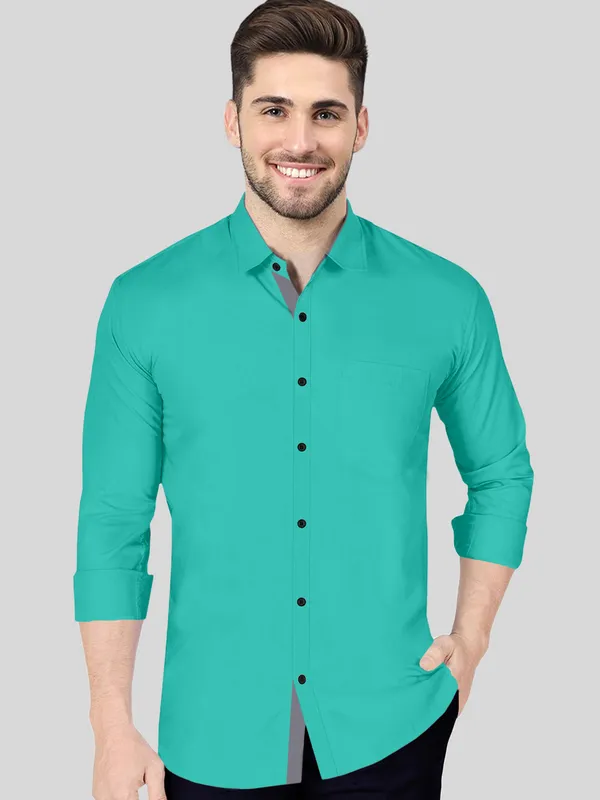 Sea_Green_Cotton_Blend_Regular_Fit_Full_Sleeve_Solid_Long_Shirt_For_Men