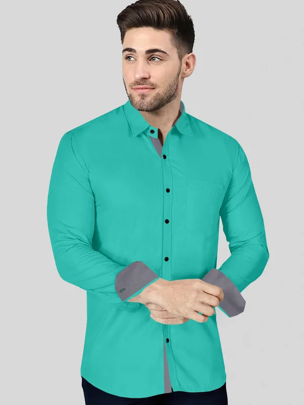 Sea_Green_Cotton_Blend_Regular_Fit_Full_Sleeve_Solid_Long_Shirt_For_Men