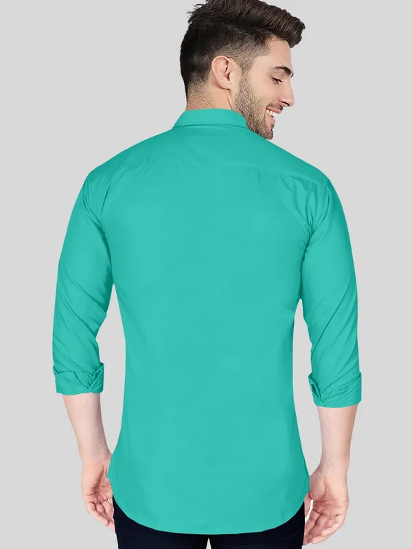 Sea_Green_Cotton_Blend_Regular_Fit_Full_Sleeve_Solid_Long_Shirt_For_Men