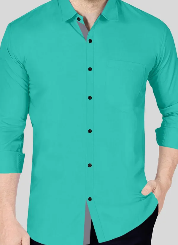 Sea_Green_Cotton_Blend_Regular_Fit_Full_Sleeve_Solid_Long_Shirt_For_Men