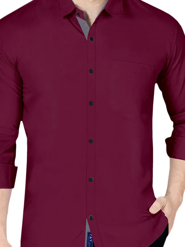 Wine_Cotton_Blend_Regular_Fit_Full_Sleeve_Solid_Long_Shirt_For_Men