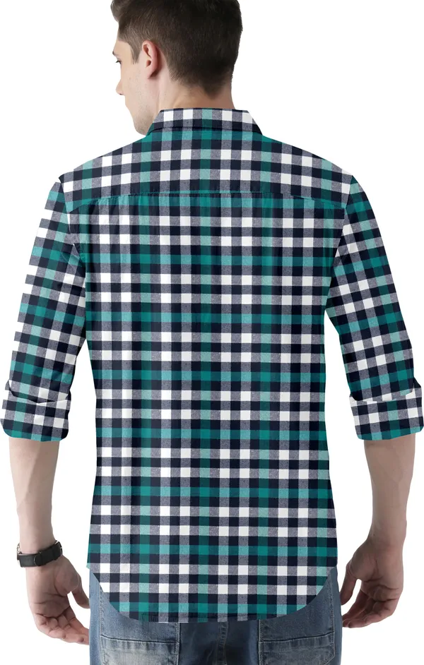 Green_Cotton_Blend_Regular_Fit_3/4th_Sleeve_Checkered_Long_Shirt_For_Men