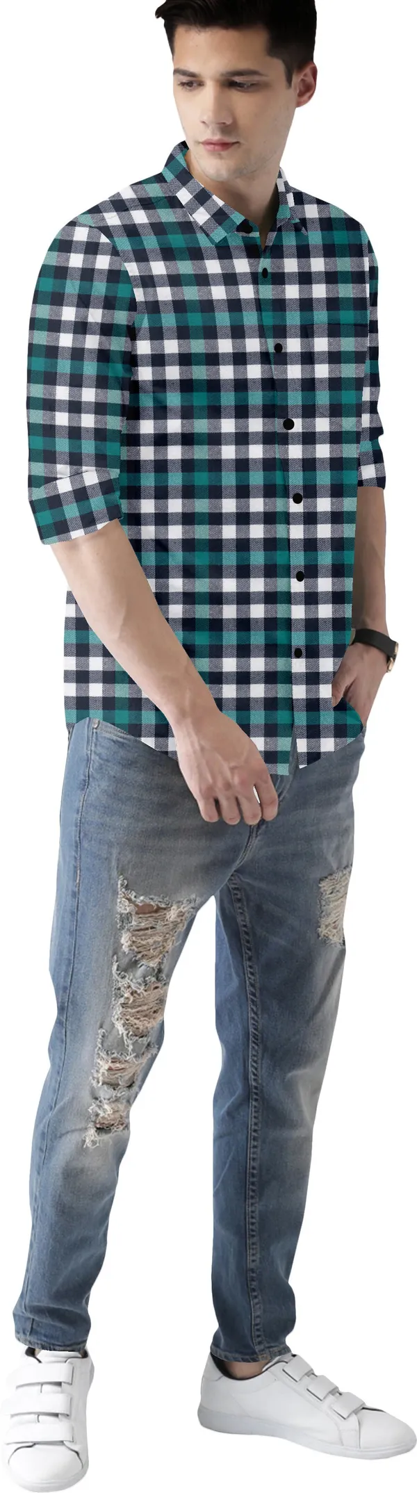 Green_Cotton_Blend_Regular_Fit_3/4th_Sleeve_Checkered_Long_Shirt_For_Men